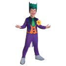 Kids The Joker costume with purple jumpsuit, green necktie, foam lapel flower and wild green hair headpiece