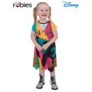 Toddler girl wearing Sally costume dress with patchwork print and raw edges