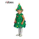 Child wearing green felt Christmas tree costume dress with colorful pom-pom ornaments and matching conical hat