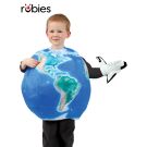 Child wearing blue and green earth globe costume with space shuttle hand puppet