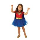 Toddler Wonder Woman dress costume with red metallic bodice and blue sparkly tutu skirt
