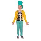 Boys Mad Hatter costume with yellow tailcoat print, teal pants and foam top hat