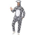 Adult wearing white Dalmatian onesie costume with black spots and hooded dog face