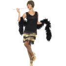 Adult black and gold 1920s flapper dress with drop waist and metallic fringe tiers