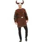Adult Viking warrior costume with horned helmet, brown tunic, and cape