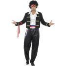 Mens 1980s new romantic pop star costume with black satin jacket and gold braid trim