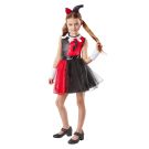 Girls Harley Quinn costume dress with red and black satin bodice and sparkle tutu skirt