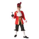 Kids Captain Hook pirate costume with red satin jacket, gold sash, black pantaloon pants, burgundy cavalier hat and foam hook prop
