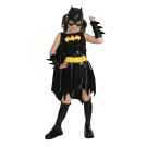Girls Batgirl deluxe costume with black vinyl dress, yellow bat emblem, scalloped cape and bat-eared mask
