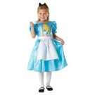 Girls Alice in Wonderland Disney costume dress in bright blue satin with character print and puff sleeves