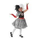 Girls Cruella de Vil costume dress with black satin bodice and dalmatian spot skirt