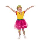 Girls Fancy Nancy costume with yellow tulle dress, tiara, and rainbow striped leggings