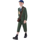 Kids WW2 evacuee boy costume with forest green jacket, cropped trousers, peaked cap and brown satchel with ID tag