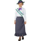 Girls Victorian suffragette costume with grey skirt, white blouse, purple bow tie and wide-brim hat