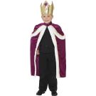 Child wearing purple royal king costume with gold crown and white fur trim