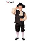 Child wearing black colonial vest with lace jabot, cream sleeves, knee breeches and tricorn hat