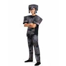 Kids pixel warrior armor costume with gray camouflage block pattern and geometric helmet