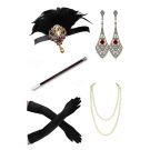 Adult 1920s flapper accessory set with black feather headband, gold jeweled brooch, opera gloves and long pearl necklace