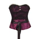 Adult purple satin burlesque corset with black lace overlay and tulle neckline