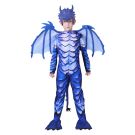 Kids blue dragon costume with scale-print jumpsuit, detachable wings and horned mask - front view