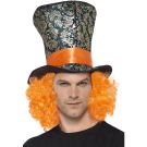 Mad Hatter hat costume with orange curly wig - oversized teal brocade top hat