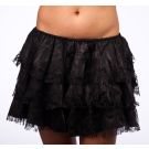 Black layered petticoat skirt with three ruffled tiers and lace trim