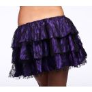 Purple tiered mini skirt with black lace trim on each ruffle layer
