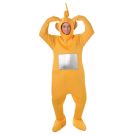 Adult Laa-Laa Teletubbies costume with yellow jumpsuit and metallic TV screen belly