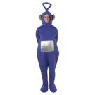 Adult wearing purple Teletubbie costume with metallic tummy screen and triangular antenna