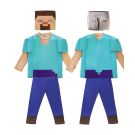 Kids block builder costume with turquoise tunic and blue pants with brown boots