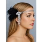 Adult 1920s flapper headband with black ostrich feather plume and rhinestone centerpiece
