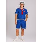 Adult retro ice cream sailor costume with royal blue top, red neckerchief, shorts and white sailor cap