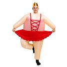 Adult inflatable ballerina costume with red tutu and gold crown, front view