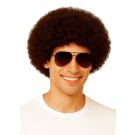 Brown afro wig with tightly coiled synthetic fibers and rounded 70s disco silhouette