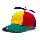 Adult propeller beanie cap with multi-color panels and spinning blue propeller