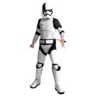 Child wearing white and black Star Wars First Order Executioner Stormtrooper costume with split-dome helmet mask