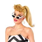 Adult Barbie Movie white cat-eye sunglasses and gold hoop earrings on white background