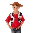 Boys Toy Story Woody sheriff vest with cow print and gold badge plus brown cowboy hat