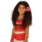 Kids Moana wig with long brown wavy hair and pink flower accessory