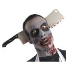 Adult zombie butcher knife headband with blood-splattered cleaver blade standing vertically