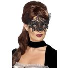 Black lace filigree masquerade eye mask with Venetian scrollwork design