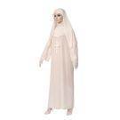 Haunted asylum nun costume back view displaying flowing robe and integrated veil collar