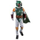Kids Boys Boba Fett Premium Costume hero full front view - child wearing padded Mandalorian armour jumpsuit, gauntlets, belt, cape and half mask