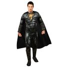 Adult Black Adam deluxe costume with muscle jumpsuit and gold lightning bolt emblem