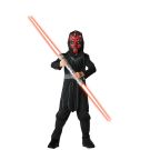 Kids Boys Darth Maul Deluxe Costume hero full front view - child wearing printed Sith tunic, pants with boot tops and painted red and black Darth Maul mask, holding red double-bladed lightsaber