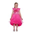 Close-up of sequin Barbie silhouette appliqué and gathered cap sleeves on pink dress