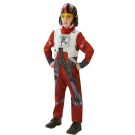 Kids Boys X-Wing Fighter Deluxe Costume hero full front view - child wearing orange Resistance pilot jumpsuit with 3D chest piece, harness pants and X-Wing pilot helmet mask