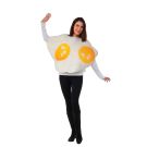 Adult wearing fried eggs costume tunic with two realistic yellow yolks