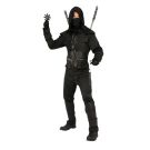 Adult shadow ninja warrior costume with hooded vest and dual sword harness on back