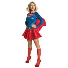 Womens Supergirl costume dress with metallic blue armor-print bodice and red skirt
